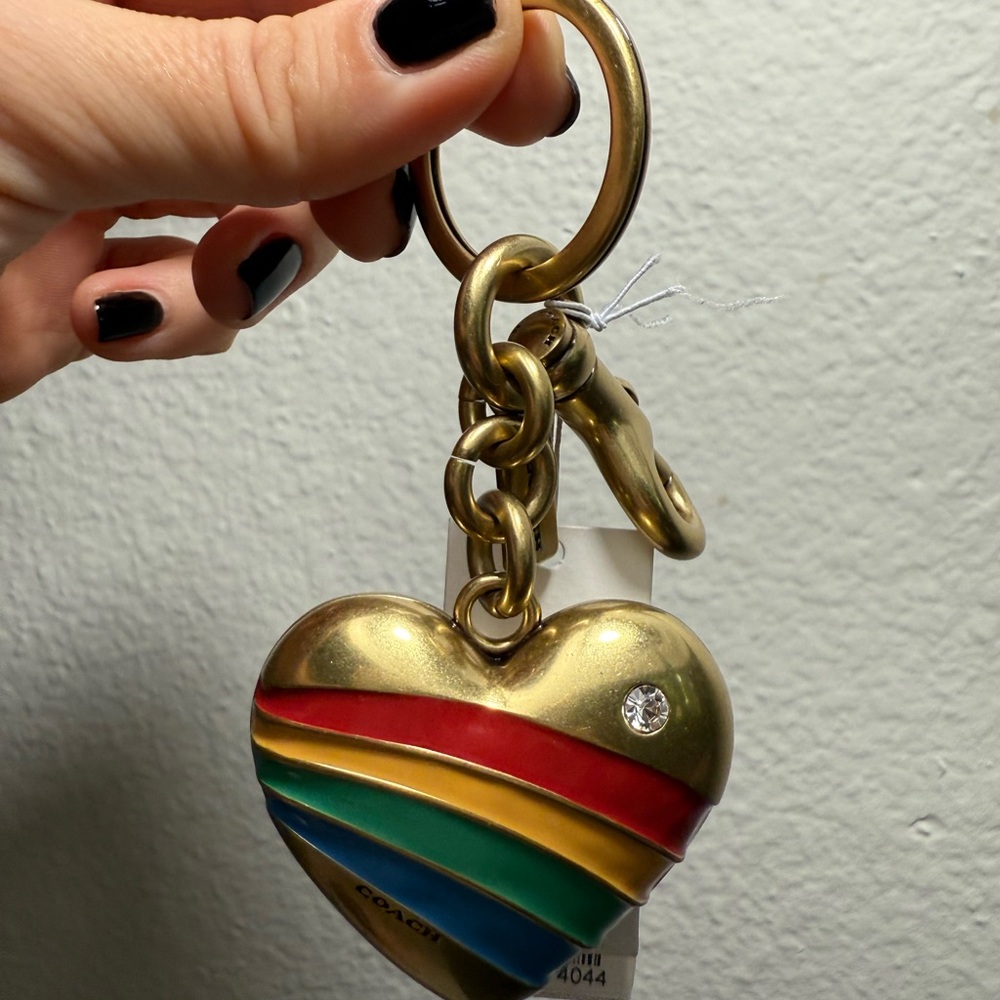 Coach Gold-tone Heart Keychain with Red, Yellow, Green & Blue Stripes - Picture 2 of 4